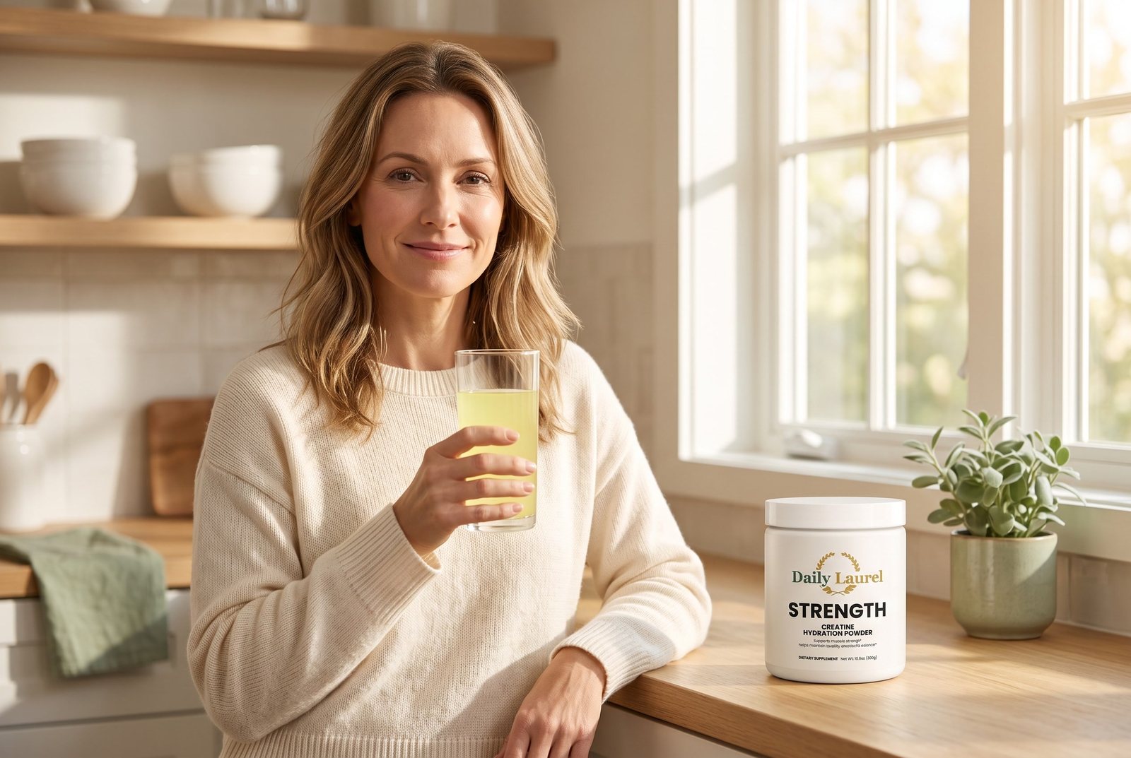 Woman in a sunny kitchen holding a glass of lemon water next to a Daily Laurel Strength jar