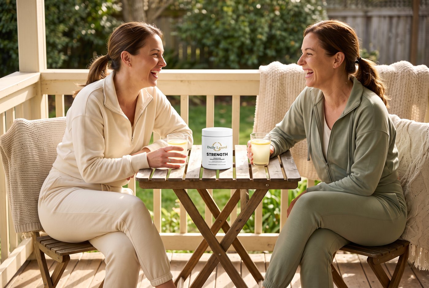 Two friends laughing on a sunny porch with glasses of lemon water and a Daily Laurel Strength jar