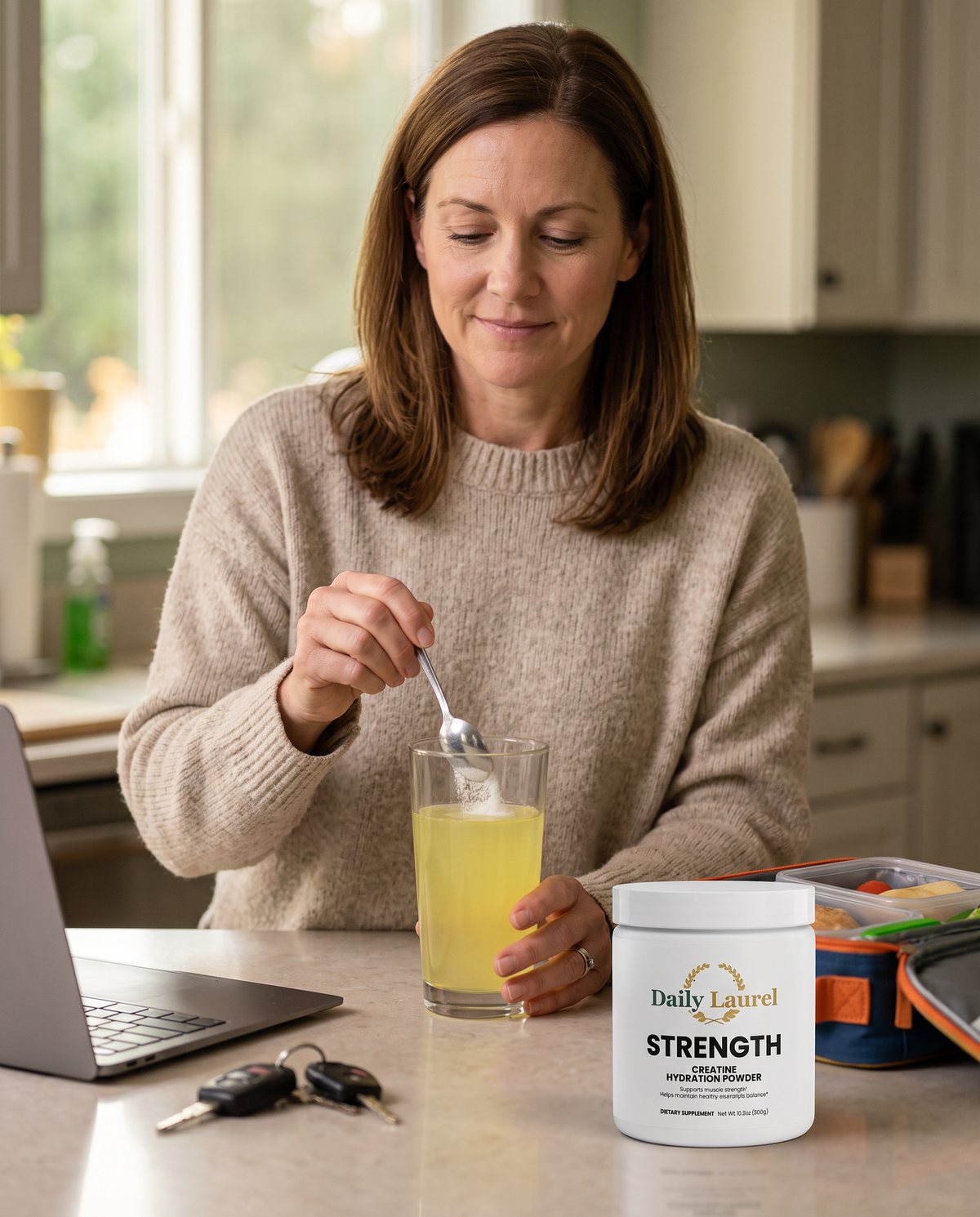 Woman stirring Daily Laurel Strength into water on a busy morning