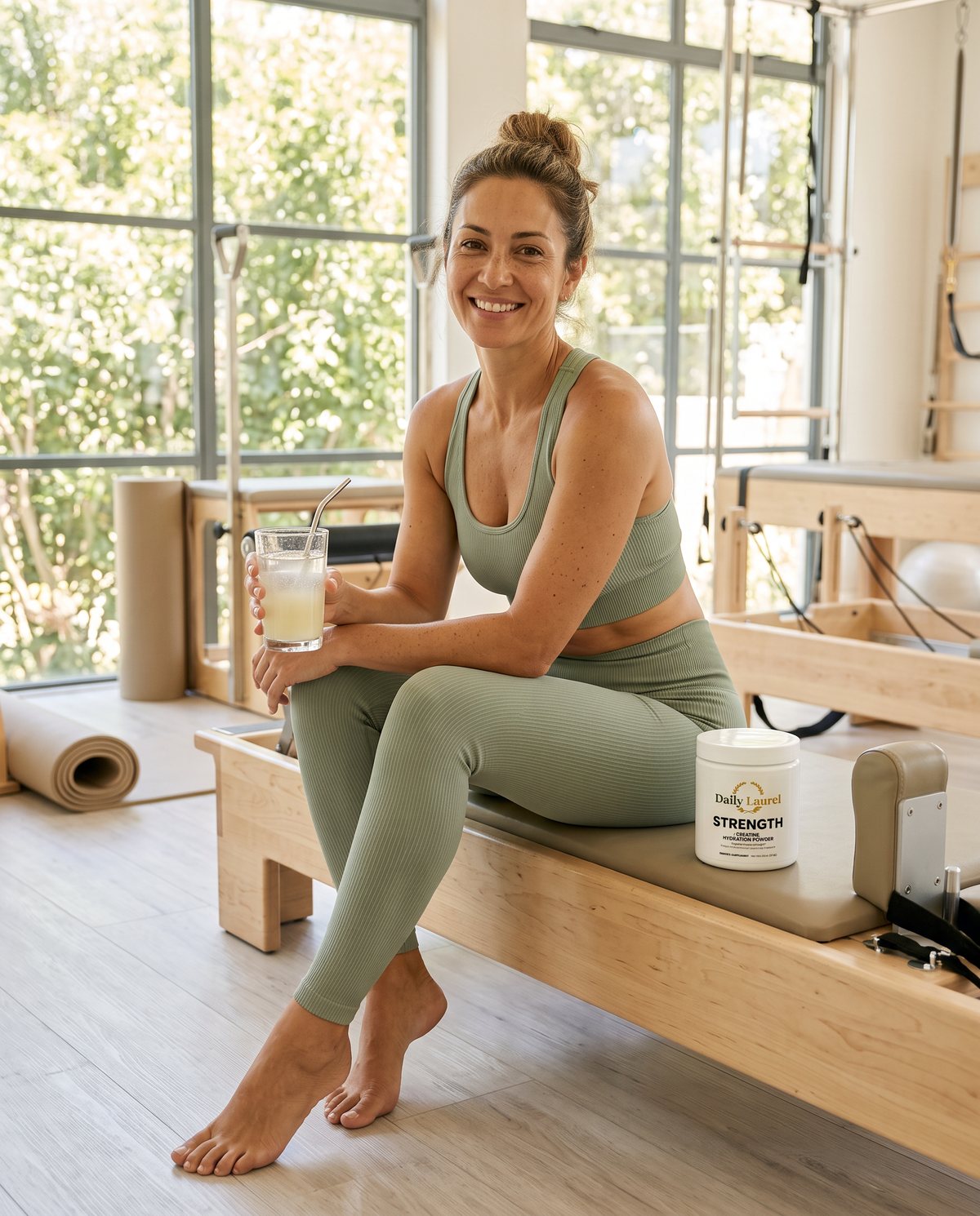 Woman resting after a pilates class with a Daily Laurel Strength jar